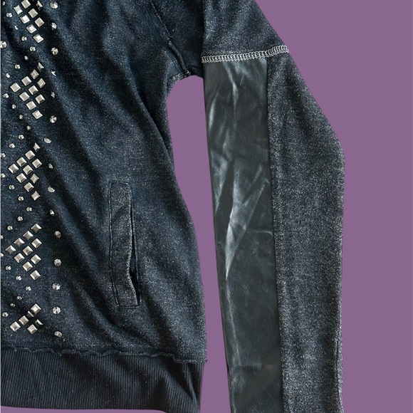Miss Me Woman’s Large Sweater Jacket Goth Studded Heather Black Faux Leather Y2K - Picture 3 of 9